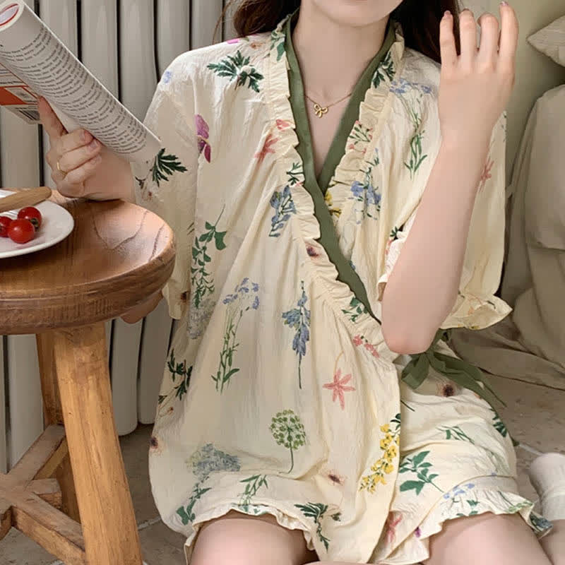 Pyjama-Set mit Hortensien-Print und Rüschenärmeln