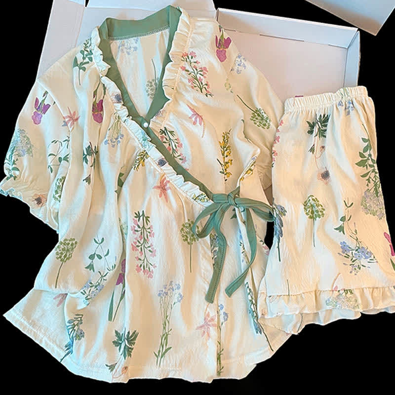 Pyjama-Set mit Hortensien-Print und Rüschenärmeln