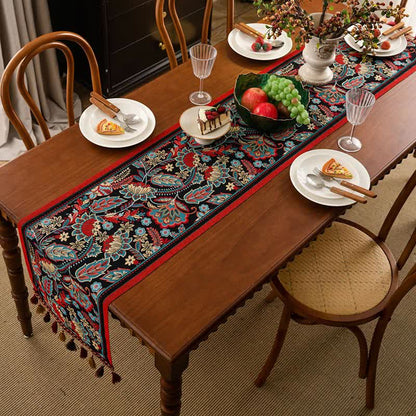 Vintage Jacquard Tischläufer mit Blumenmuster und Quasten