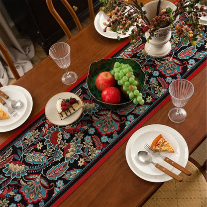 Vintage Jacquard Tischläufer mit Blumenmuster und Quasten