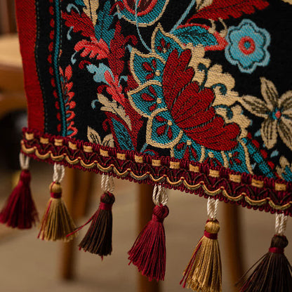 Vintage Jacquard Tischläufer mit Blumenmuster und Quasten