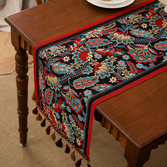 Vintage Jacquard Tischläufer mit Blumenmuster und Quasten