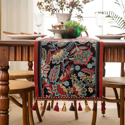 Vintage Jacquard Tischläufer mit Blumenmuster und Quasten