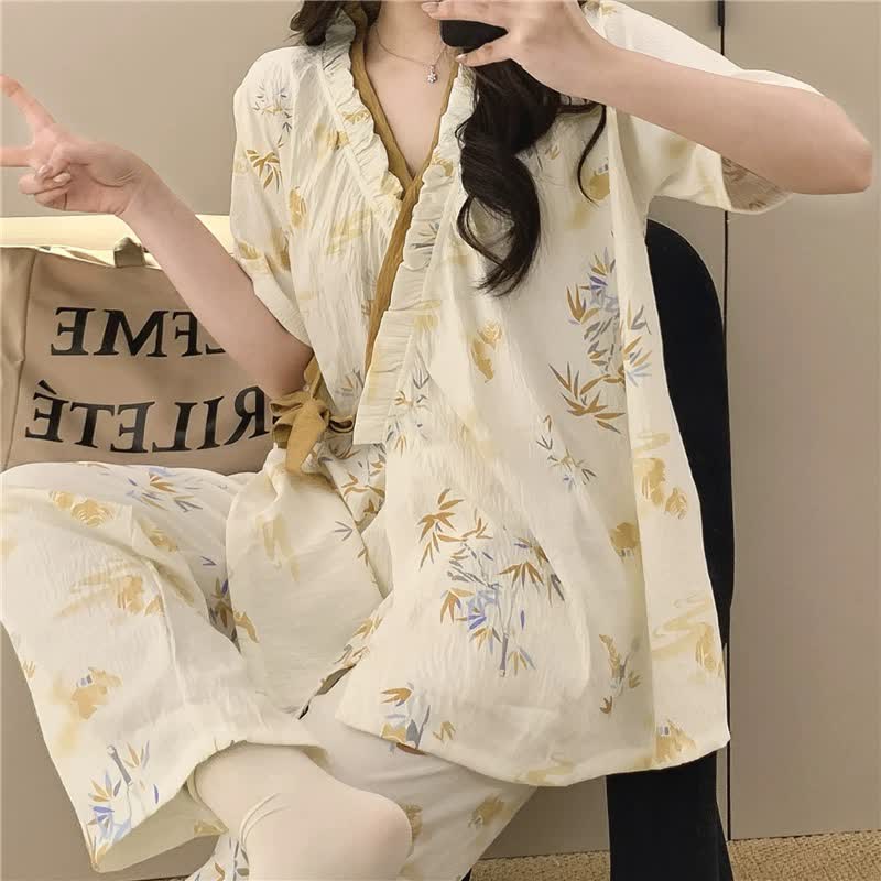 Kimono-Nachtwäscheset mit Bambusblatt-Rüschen