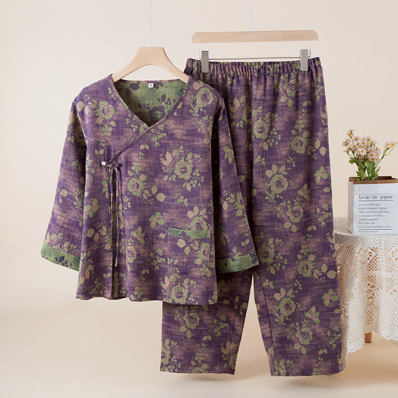Nachtwäscheset aus Baumwollgaze mit Jacquardmuster und Rosenmuster
