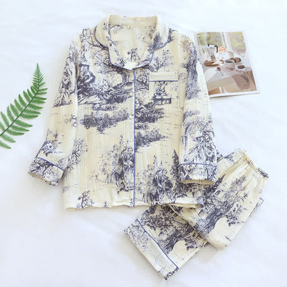 Loungewear aus Baumwollgaze mit Tintenwasch-Toile-Print - Lila - XL - image 5