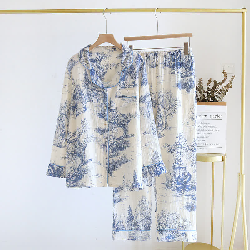 Loungewear aus Baumwollgaze mit Tintenwasch-Toile-Print