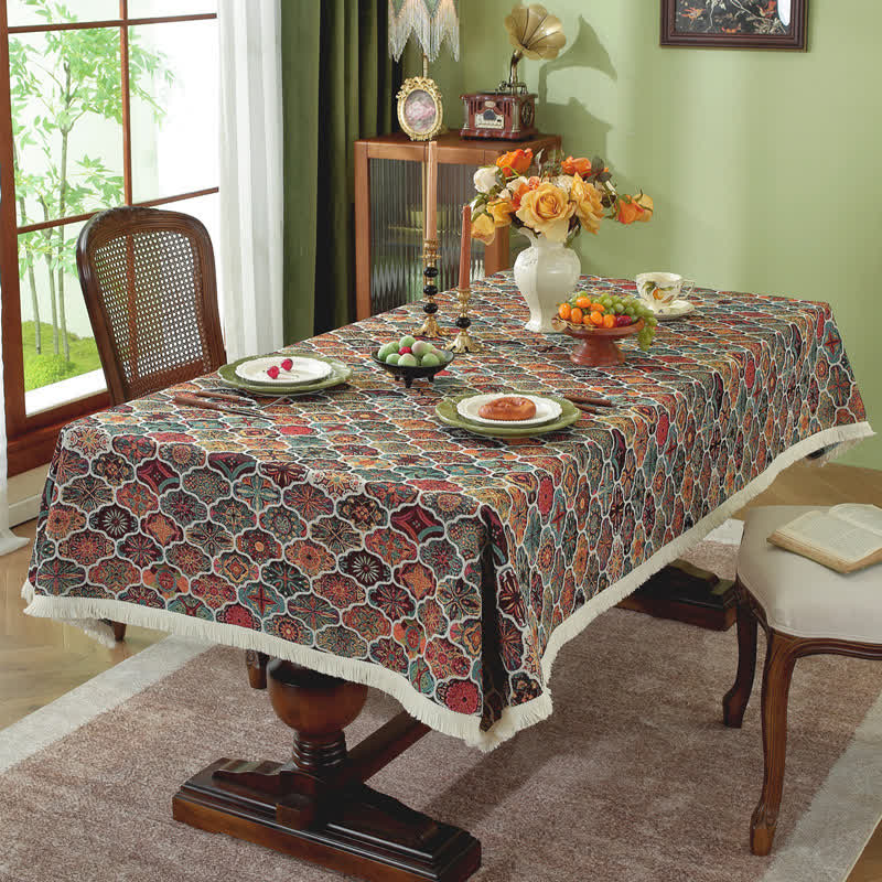 Rechteckige Jacquard-Tischdecke mit marokkanischer Quaste