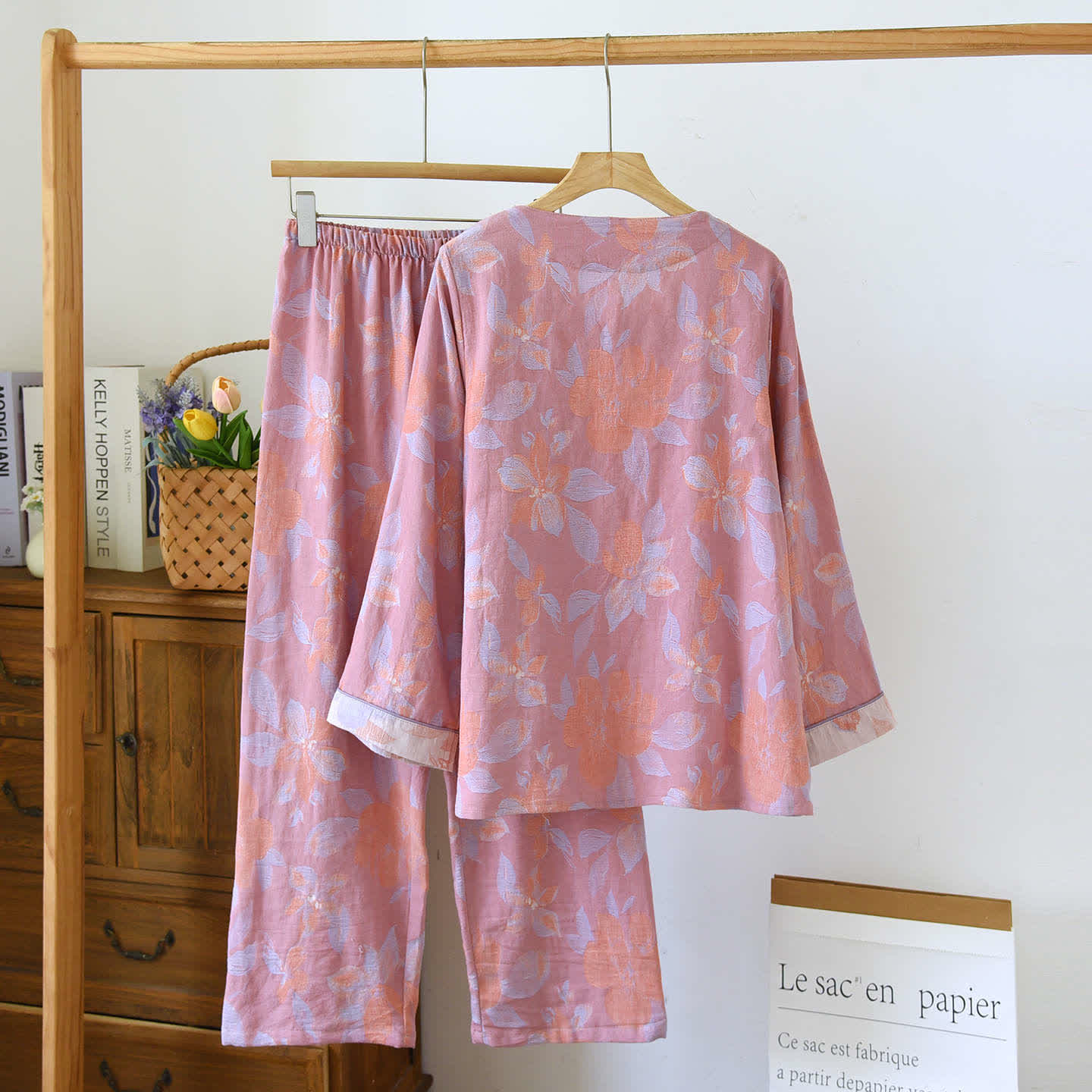 Orientalisches Nachtwäscheset aus Jacquard-Baumwolle mit Hostas-Print