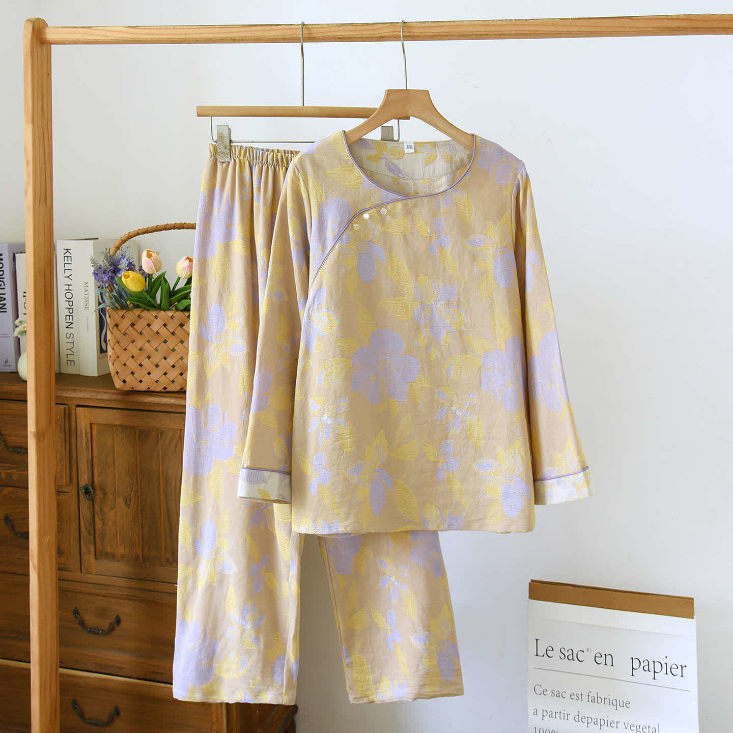 Orientalisches Nachtwäscheset aus Jacquard-Baumwolle mit Hostas-Print