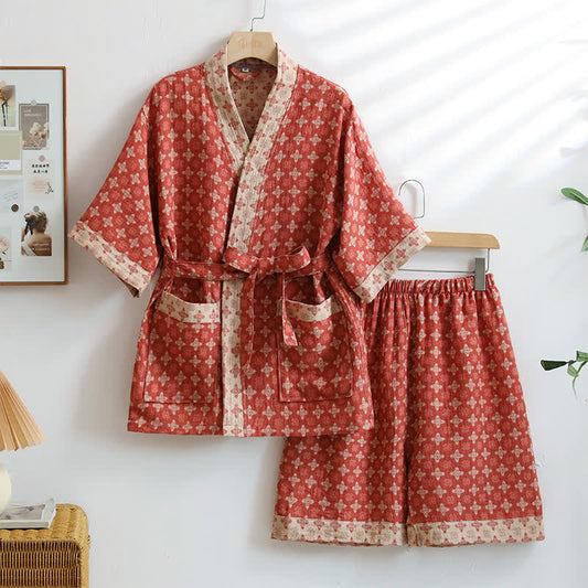 Roter geometrischer Kimono aus Baumwolle für Unisex