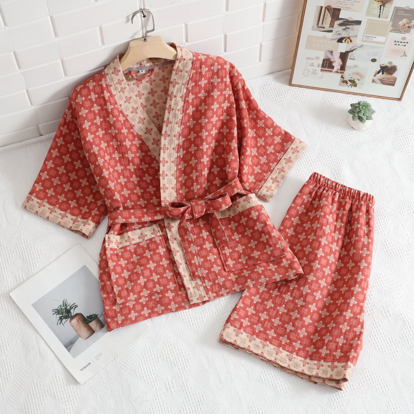 Roter geometrischer Kimono aus Baumwolle für Unisex