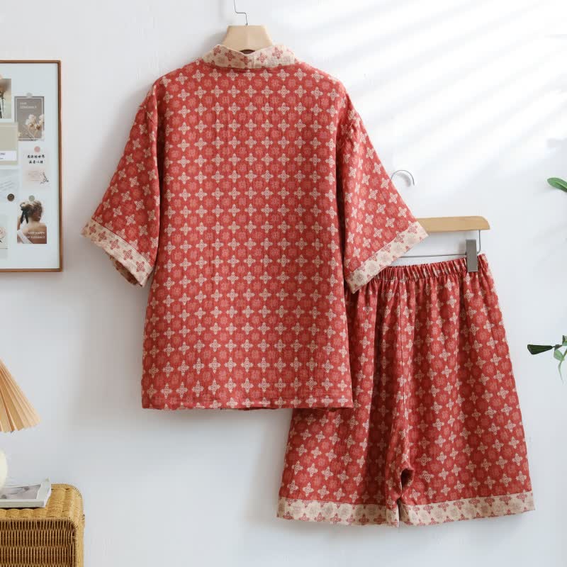 Roter geometrischer Kimono aus Baumwolle für Unisex
