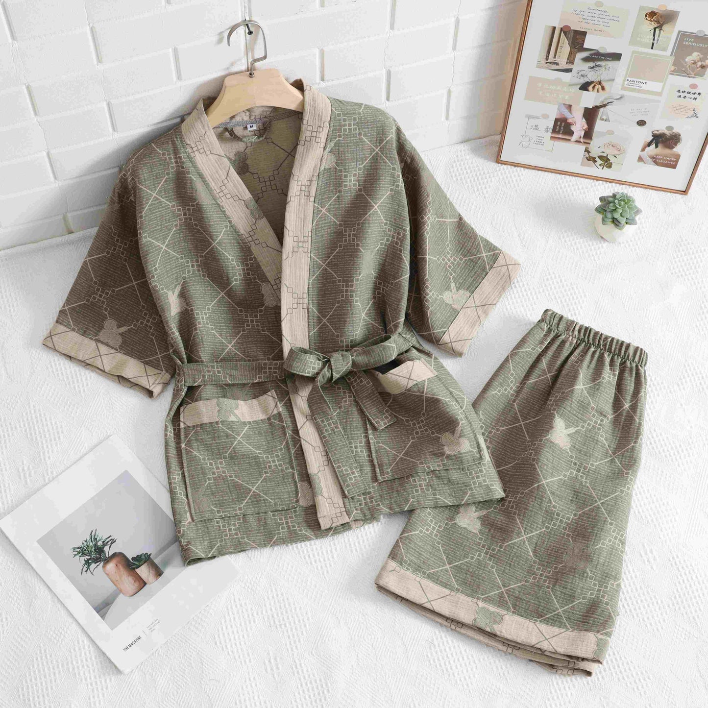 Unisex-Loungewear aus Baumwolle mit grünem Gittermuster