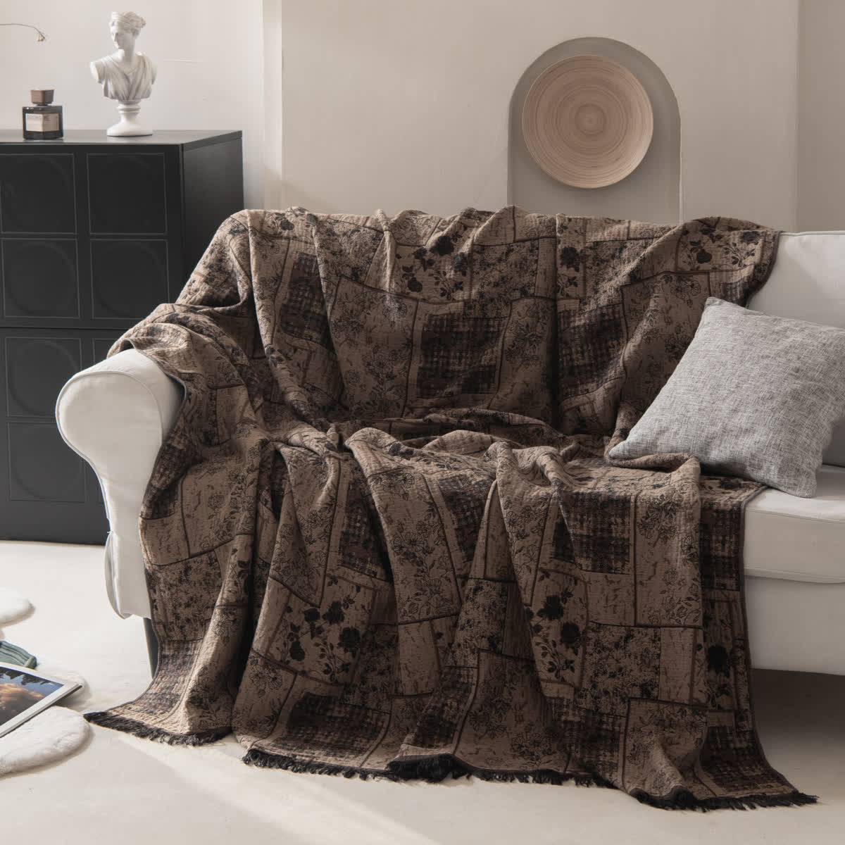 Patchwork-Steppdecke aus Baumwollmusselin mit Blumenmuster und Karomuster