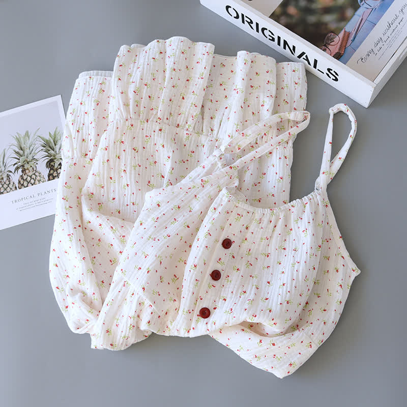 Rotes Camisole-Nachthemd aus Baumwollgaze mit Blumenmuster