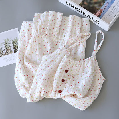 Rotes Camisole-Nachthemd aus Baumwollgaze mit Blumenmuster