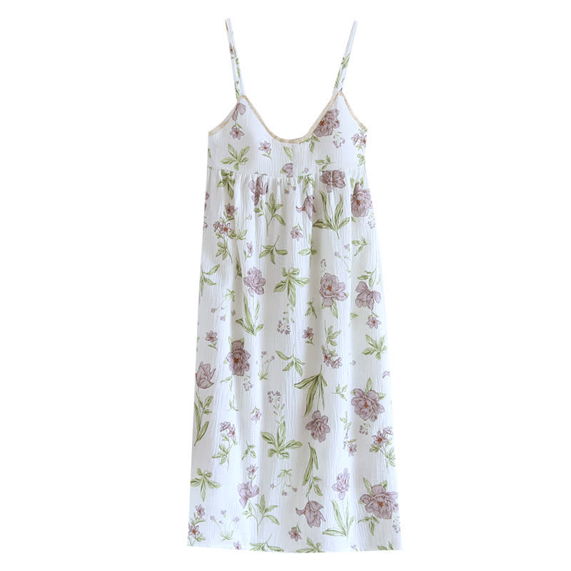 Violett bedrucktes, wattiertes Camisole-Nachthemd aus Baumwolle