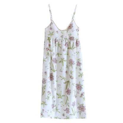 Violett bedrucktes, wattiertes Camisole-Nachthemd aus Baumwolle