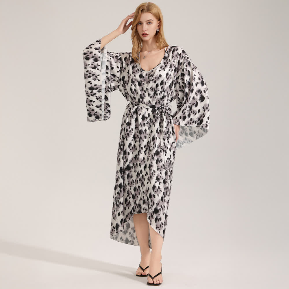 Schwarzer Kimono-Bademantel mit Leopardenmuster