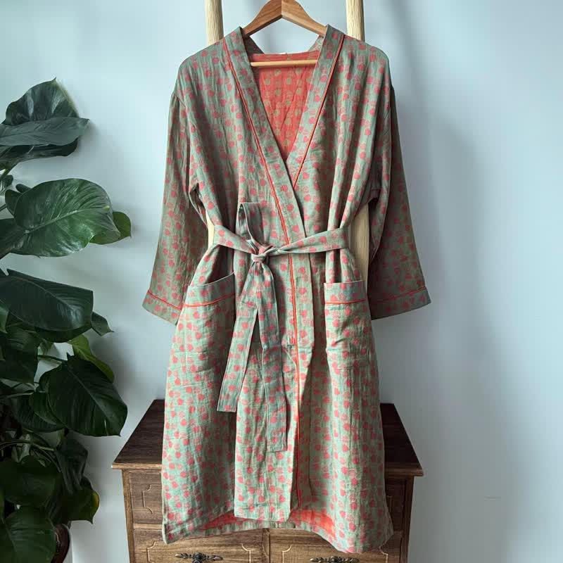 Orangefarbener Kimono aus Baumwolle mit Monstera-Print