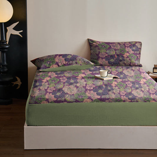 Spannbettlaken aus Baumwolljacquard mit Pfirsichblütenmuster - Laken mit 2 Kissenbezügen - 200cm x 220cm - image 0