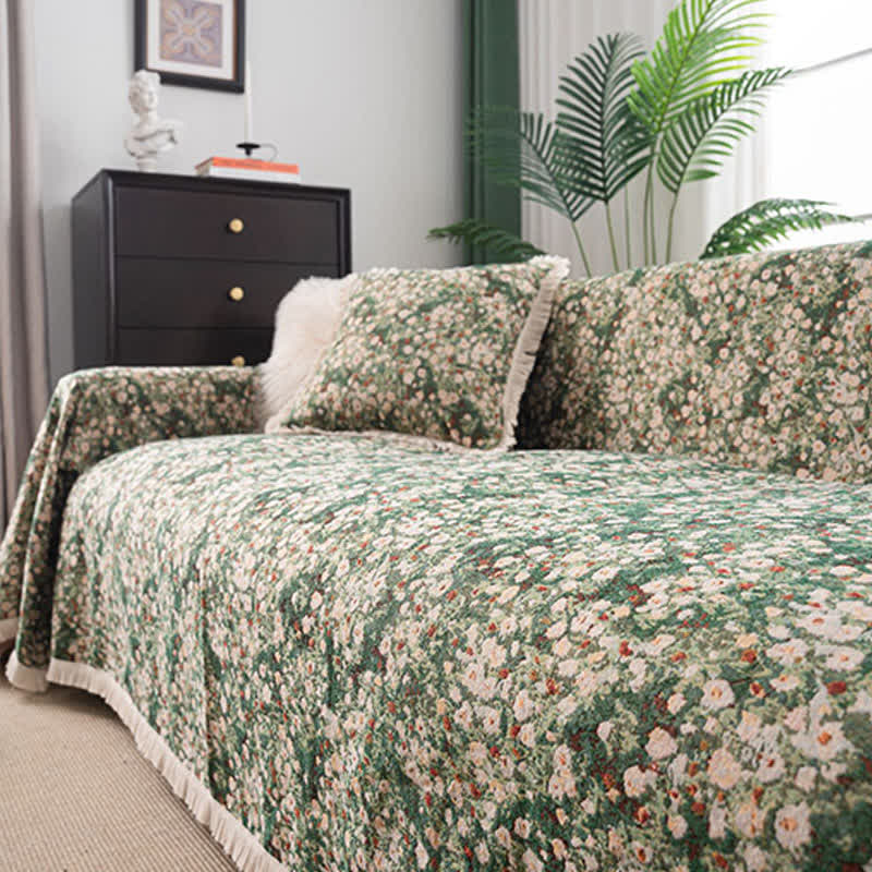 Sofaschoner mit Blumenmuster und Quasten im Landhausstil, Grün