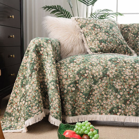 Sofaschoner mit Blumenmuster und Quasten im Landhausstil, Grün