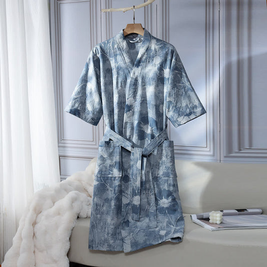 Unisex-Bademantel aus Baumwollgaze mit Blumenmuster, Blau