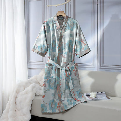 Unisex-Bademantel aus Baumwollgaze mit blauem Pfingstrosenmuster