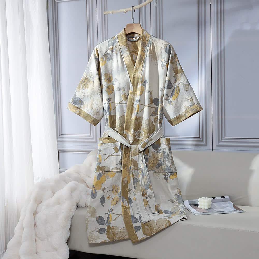 Gelber Unisex-Bademantel aus Baumwollgaze mit Blumenmuster