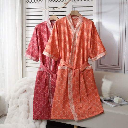 Kimono-Bademantel aus Baumwollgaze mit vierblättrigem Kleeblatt
