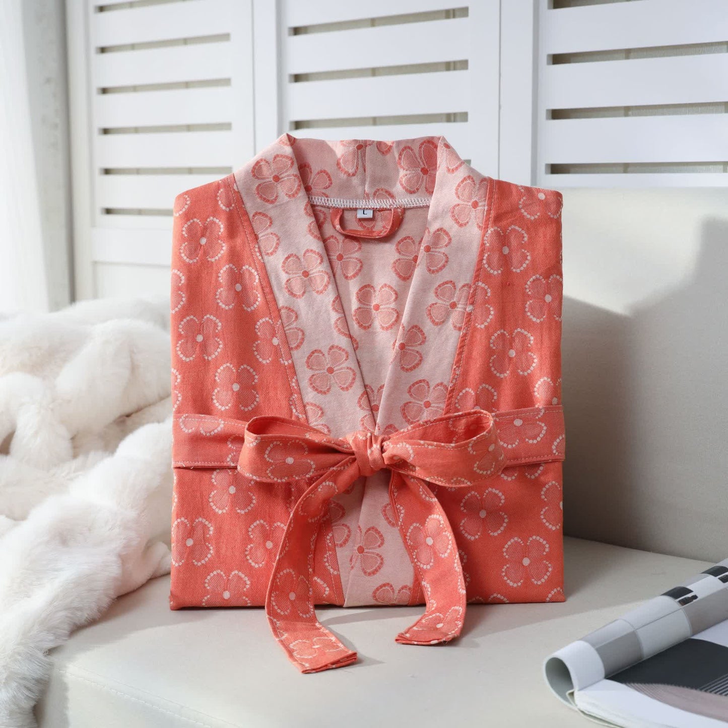 Kimono-Bademantel aus Baumwollgaze mit vierblättrigem Kleeblatt