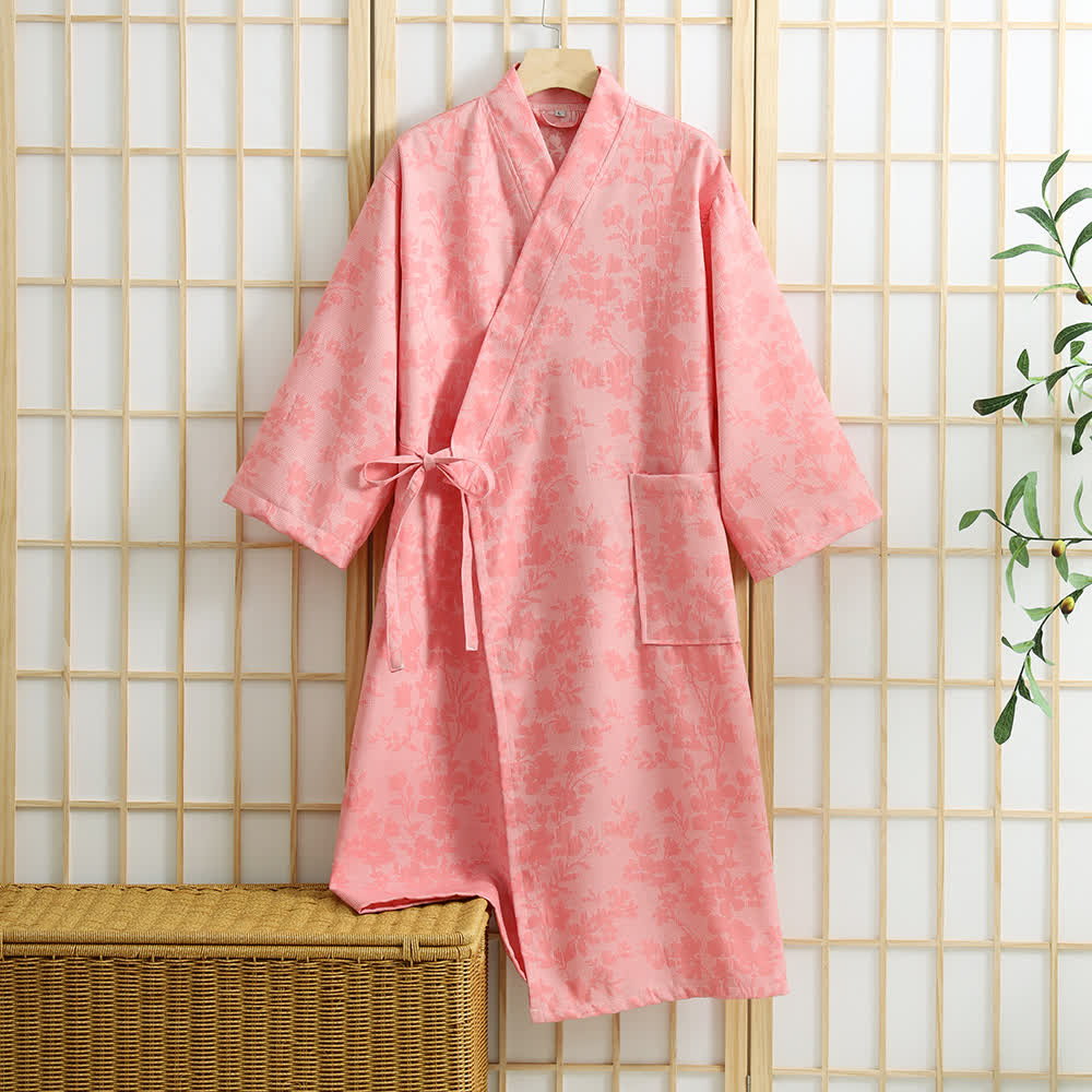 Dezenter Kimono-Bademantel mit Blumenmuster und Tasche - Rosa - XL - image 8