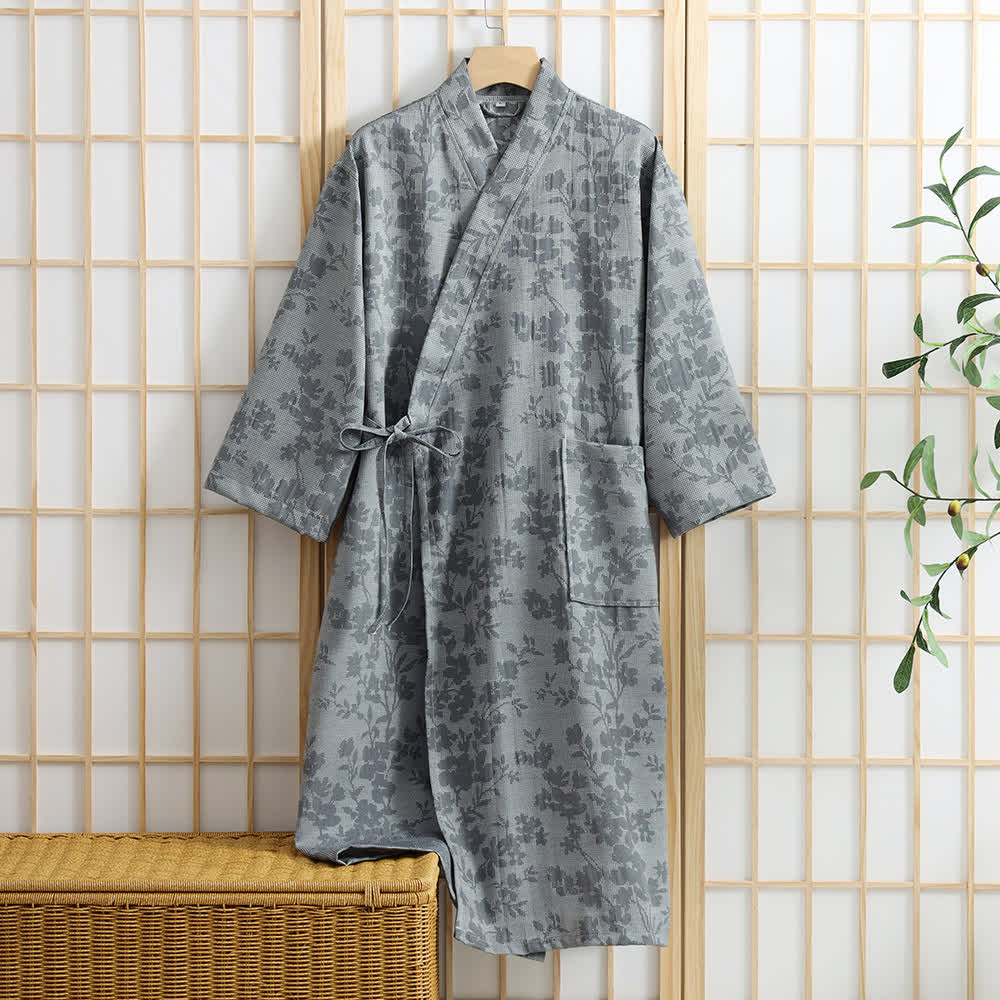 Dezenter Kimono-Bademantel mit Blumenmuster und Tasche - Grau - XL - image 2