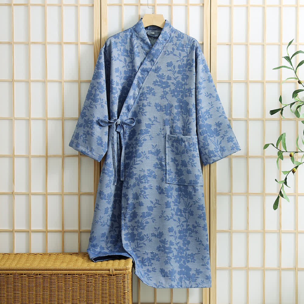 Dezenter Kimono-Bademantel mit Blumenmuster und Tasche - Blau - XL - image 4