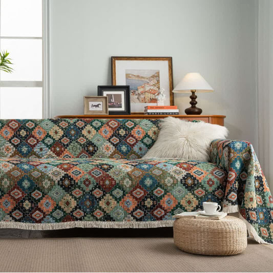 Jacquard-Sofabezug im Boho-Stil mit geometrischem Rautenmuster