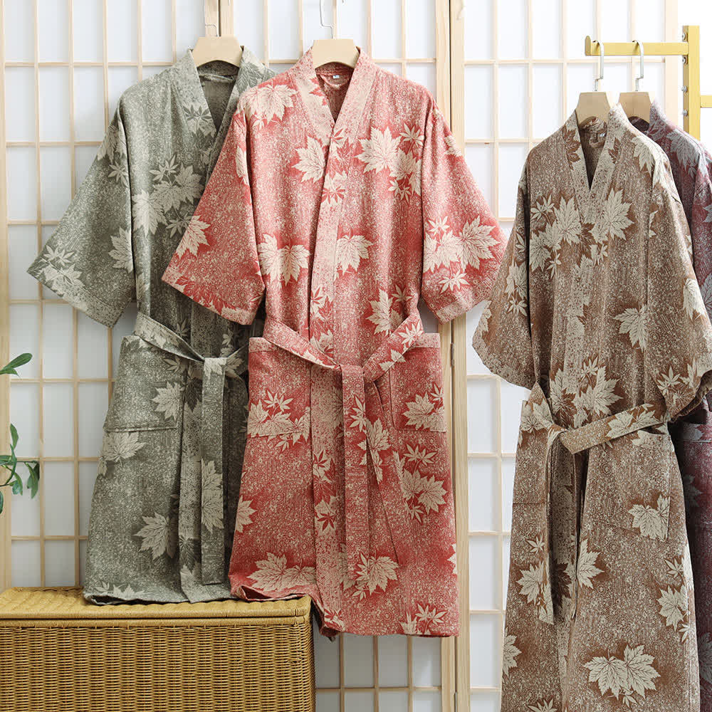 Kimono-Bademantel aus Baumwollgaze mit Ahornblatt-Print