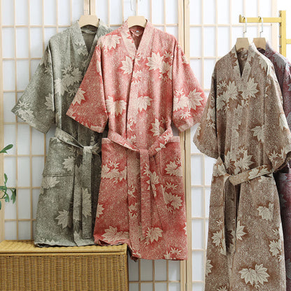 Kimono-Bademantel aus Baumwollgaze mit Ahornblatt-Print
