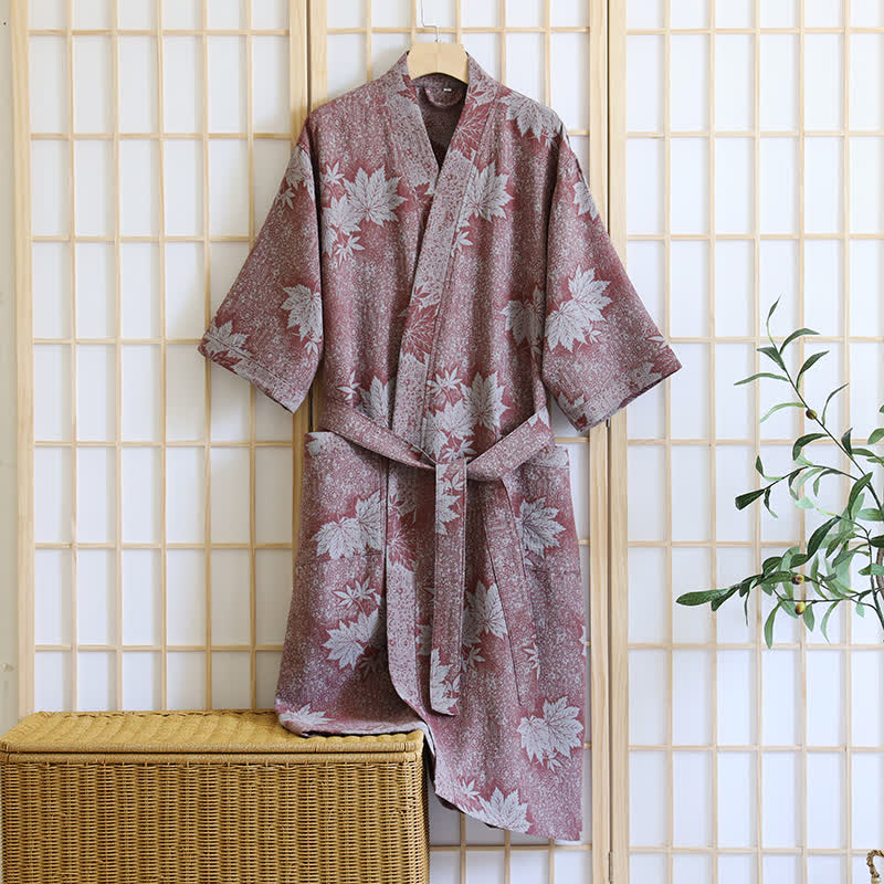 Kimono-Bademantel aus Baumwollgaze mit Ahornblatt-Print