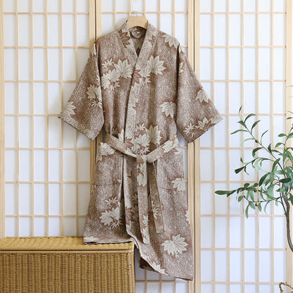 Kimono-Bademantel aus Baumwollgaze mit Ahornblatt-Print