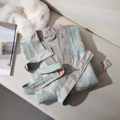 Unisex-Bademantel aus Baumwollgaze mit blauem Pfingstrosenmuster