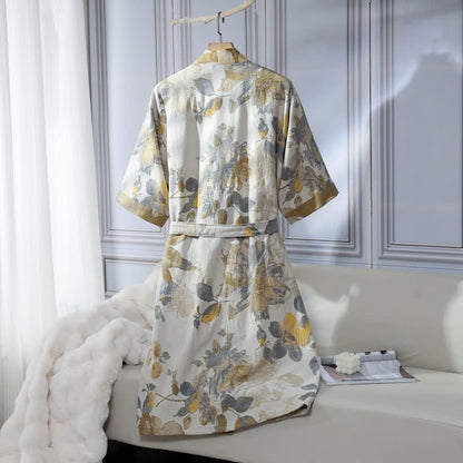 Gelber Unisex-Bademantel aus Baumwollgaze mit Blumenmuster