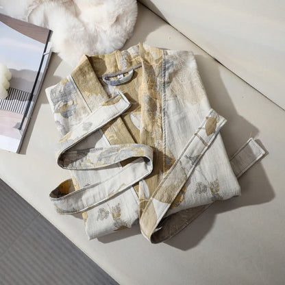 Gelber Unisex-Bademantel aus Baumwollgaze mit Blumenmuster