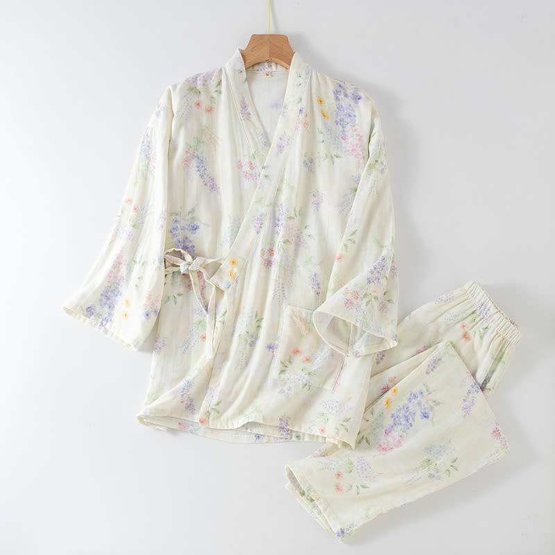 Japanischer Pyjama aus Baumwollgaze mit Hortensien-Print
