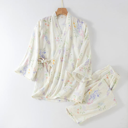 Japanischer Pyjama aus Baumwollgaze mit Hortensien-Print