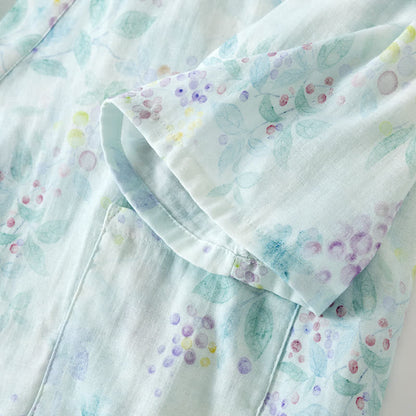 Japanischer Pyjama aus Baumwollgaze mit lila Aufdruck