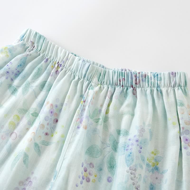 Japanischer Pyjama aus Baumwollgaze mit lila Aufdruck
