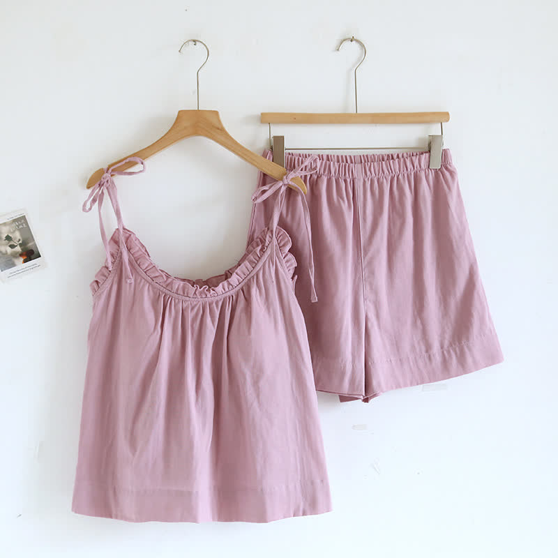Gepolsterter Pyjama aus Baumwolle mit Rüschenbesatz und Camisole
