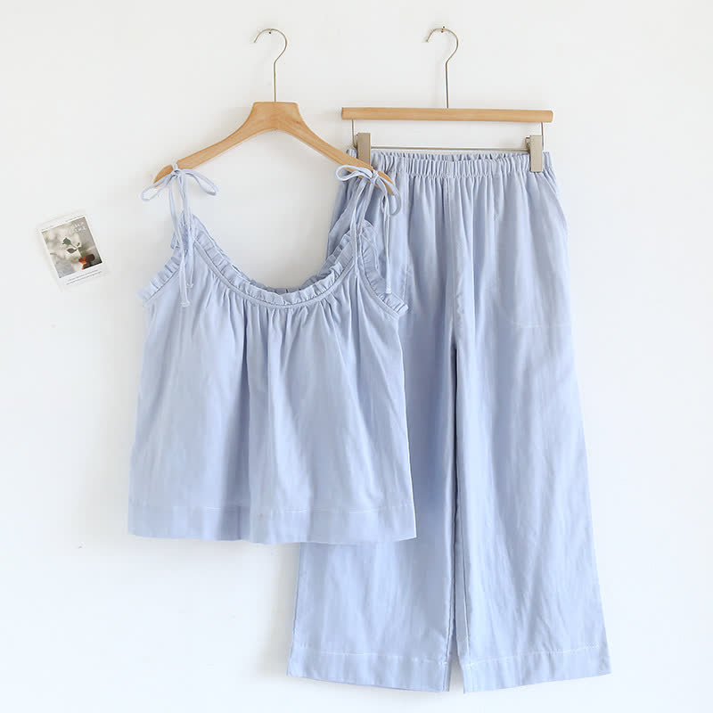 Einfarbiger Rüschen-Baumwollpyjama mit Camisole - Blau - XL - image 3